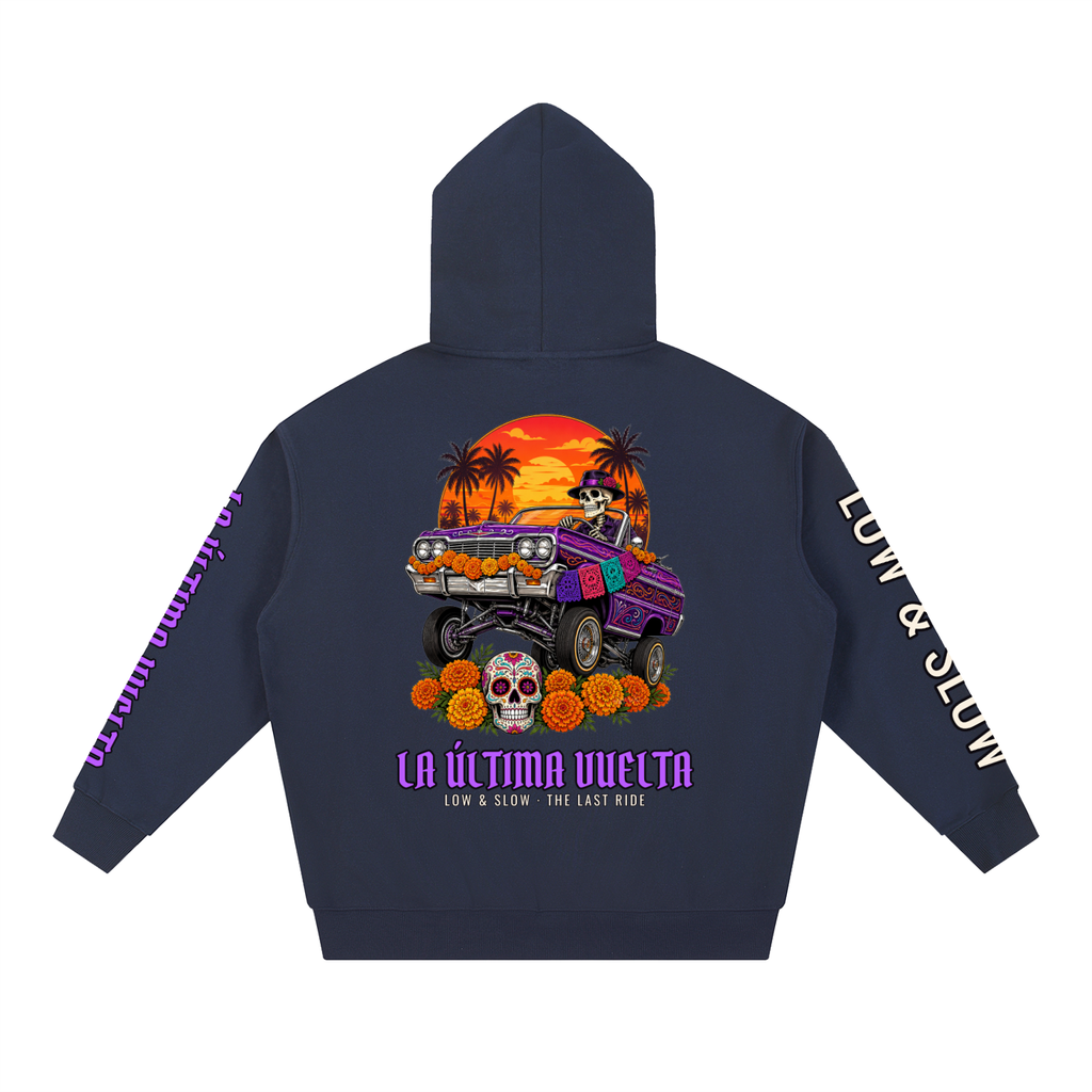 La Última Vuelta Hoodie | Lowrider Calaca Día de los Muertos Graphic Hoodie, Back & Sleeve Print