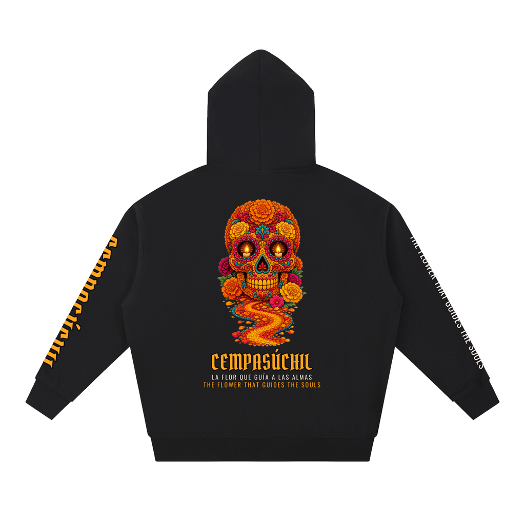 Cempasúchil Hoodie | Marigold Sugar Skull Día de los Muertos Graphic Hoodie, Back & Sleeve Print