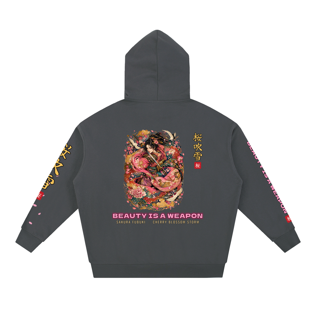Sakura Storm Hoodie | Cherry Blossom Female Samurai Japanese Graphic Hoodie, Back & Sleeve Print