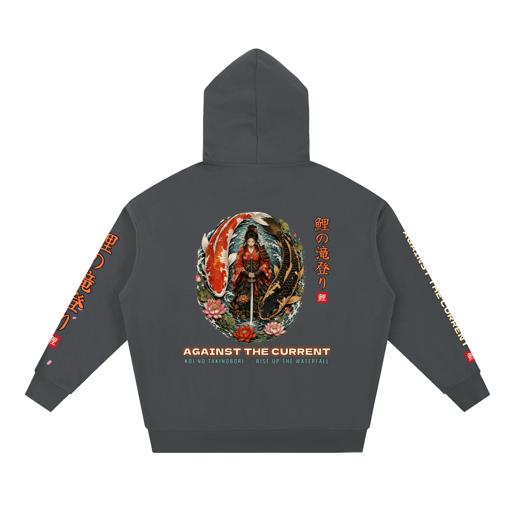 Koi Samurai Hoodie | Against The Current Yin Yang Koi Japanese Graphic Hoodie, Back & Sleeve Print