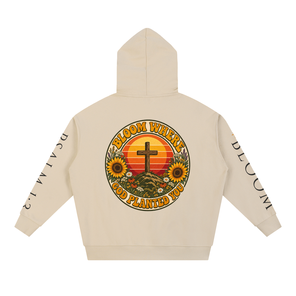Bloom Where God Planted You Hoodie | Retro Sunset Cross Sweatshirt, Sunflower Christian Faith Hoodie Gift