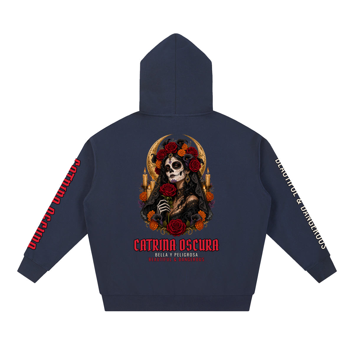 Catrina Oscura Hoodie | Gothic Dark Catrina Día de los Muertos Graphic Hoodie, Back & Sleeve Print