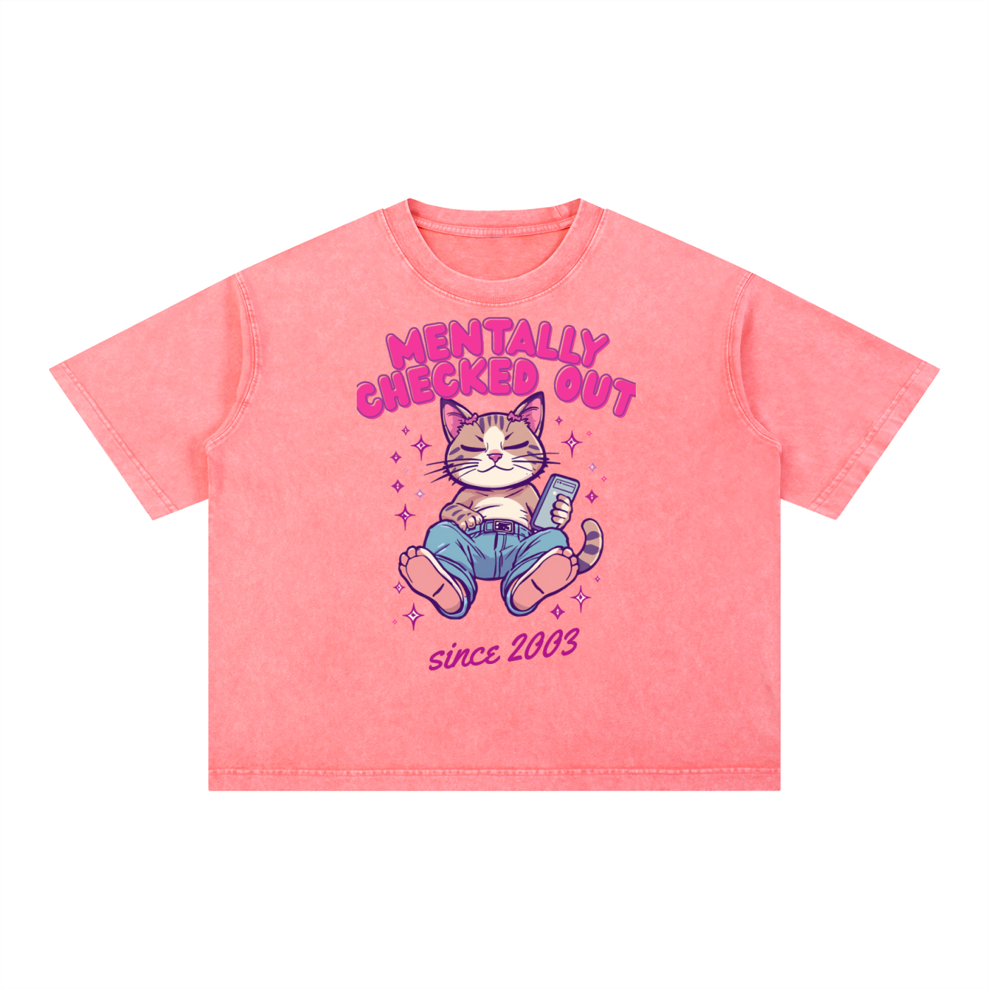 Mentally Checked Out | Funny Cat Boxy Washed T-Shirt