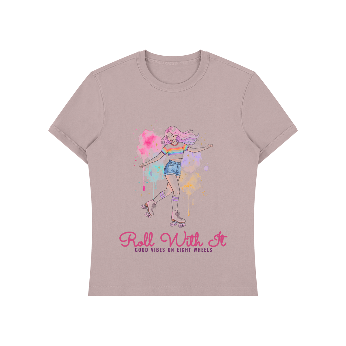 Roll With It Roller Skate Shirt, Watercolor Roller Girl Tee, Retro Skating Gift for Her