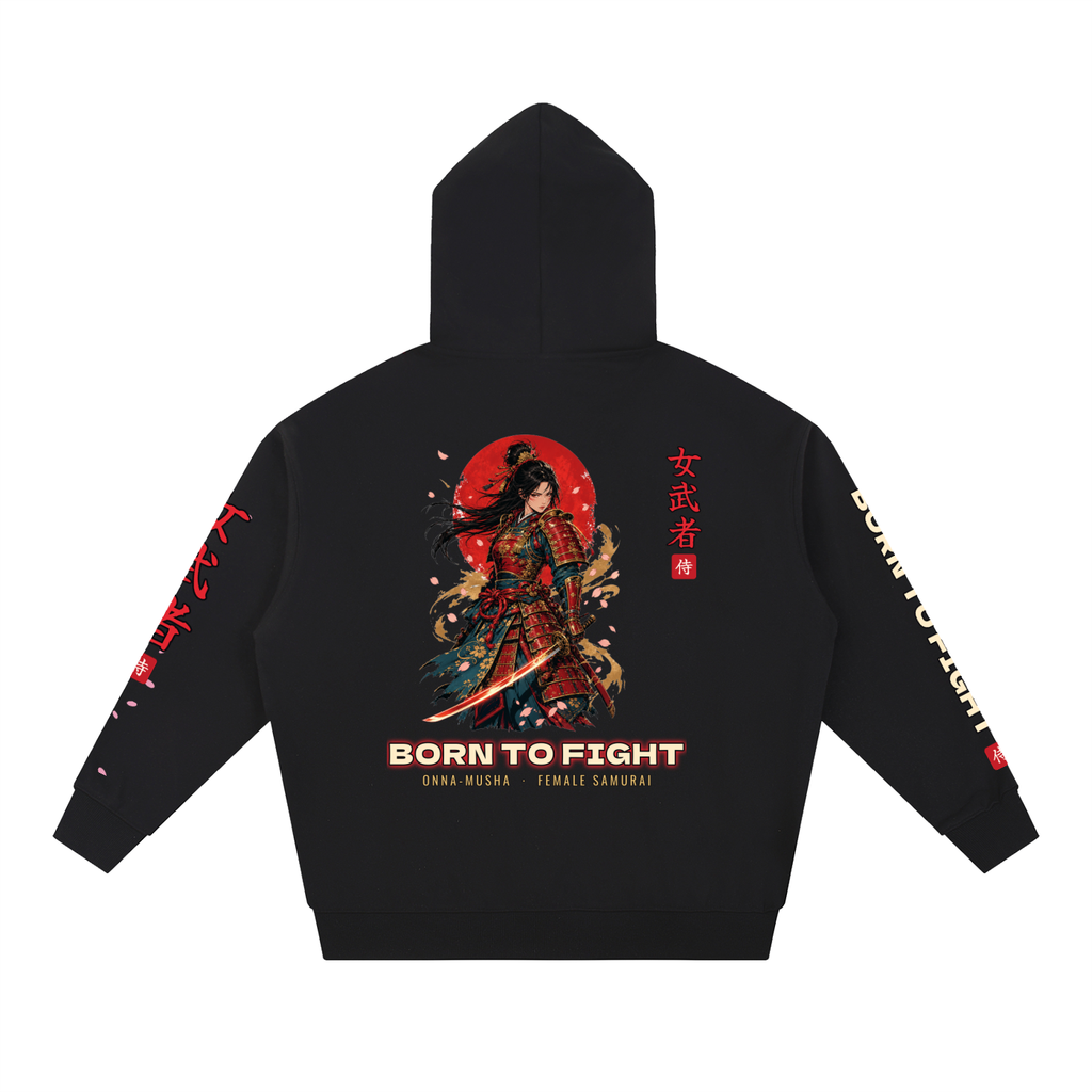 Onna-Musha Hoodie | Female Samurai Japanese Kanji Graphic Hoodie, Back & Sleeve Print