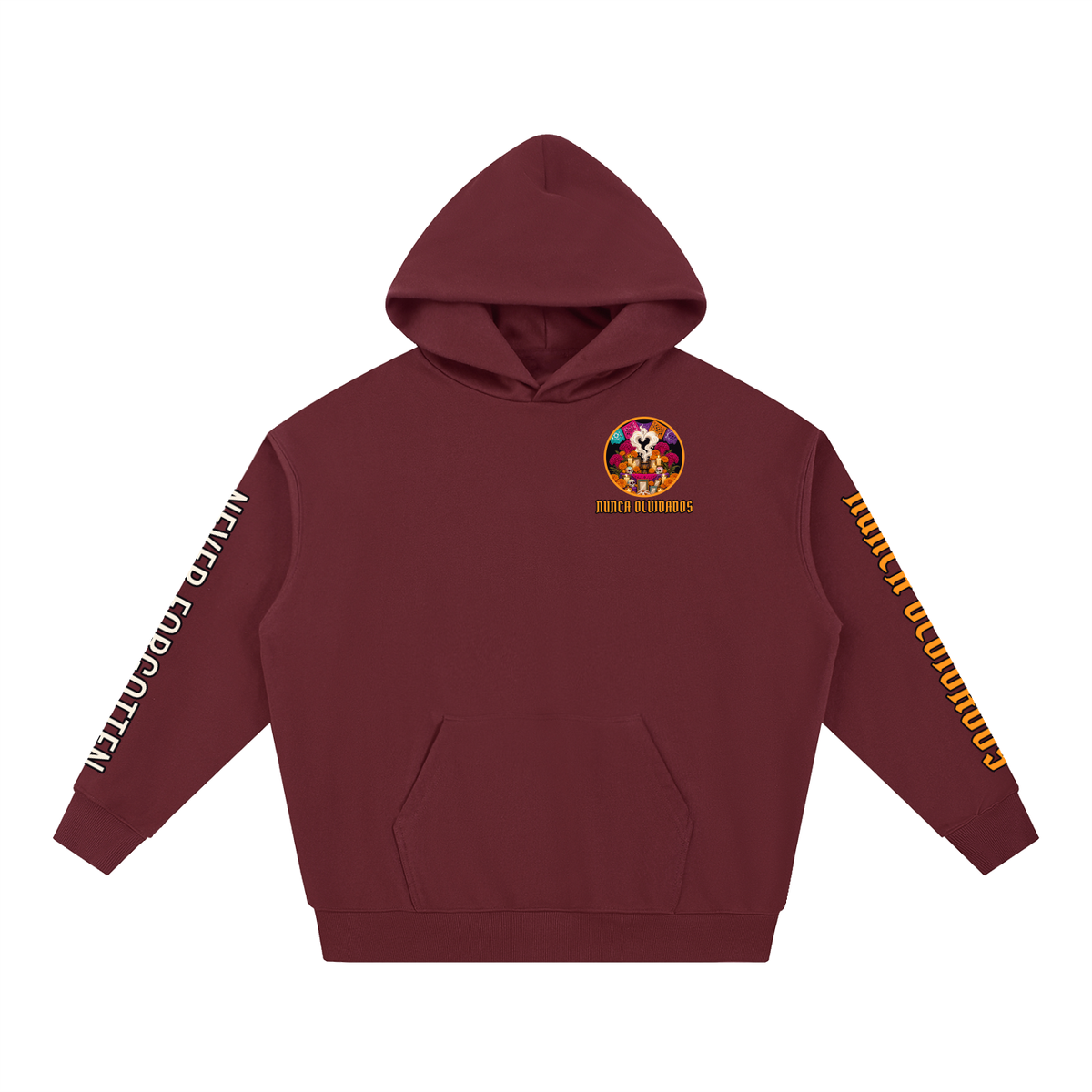 Nunca Olvidados Hoodie | Ofrenda Altar Día de los Muertos Graphic Hoodie, Back & Sleeve Print