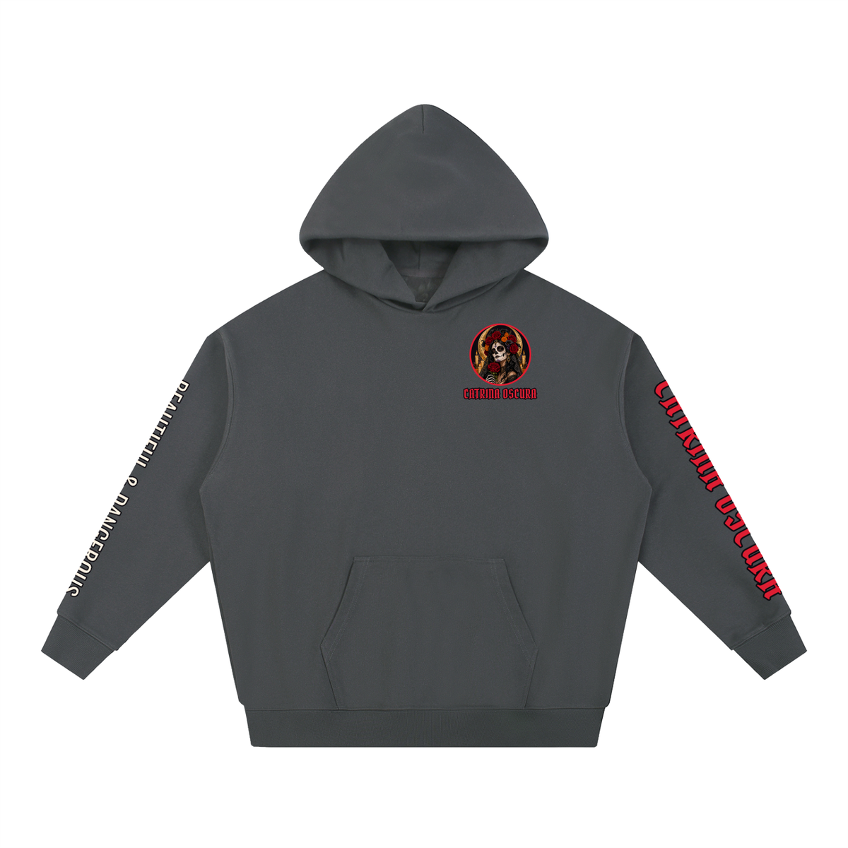 Catrina Oscura Hoodie | Gothic Dark Catrina Día de los Muertos Graphic Hoodie, Back & Sleeve Print