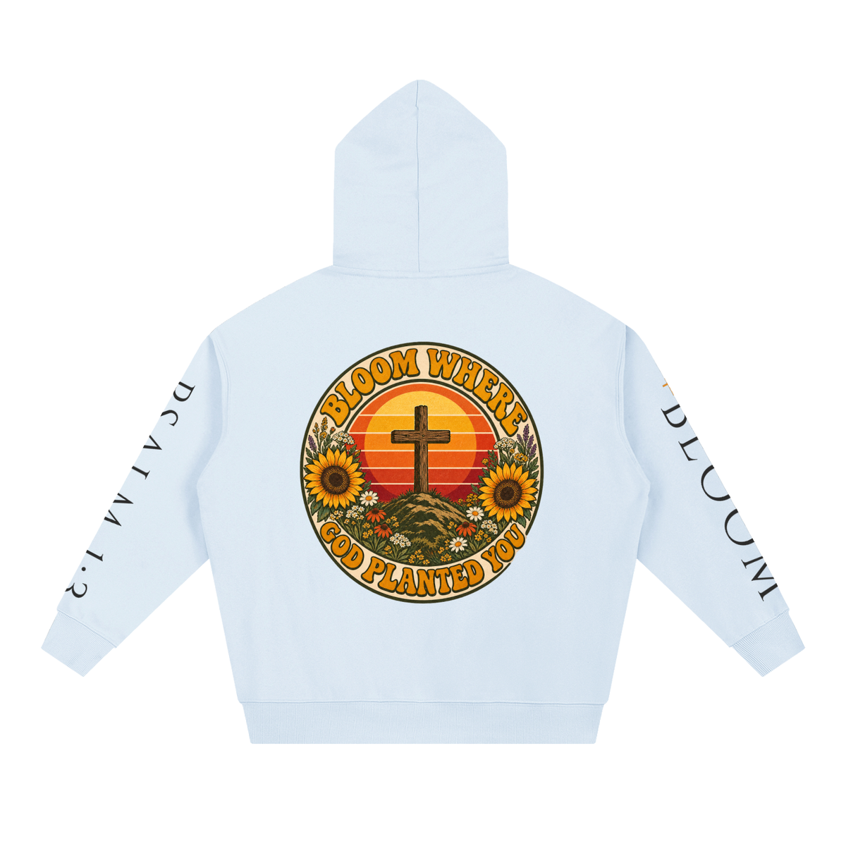 Bloom Where God Planted You Hoodie | Retro Sunset Cross Sweatshirt, Sunflower Christian Faith Hoodie Gift