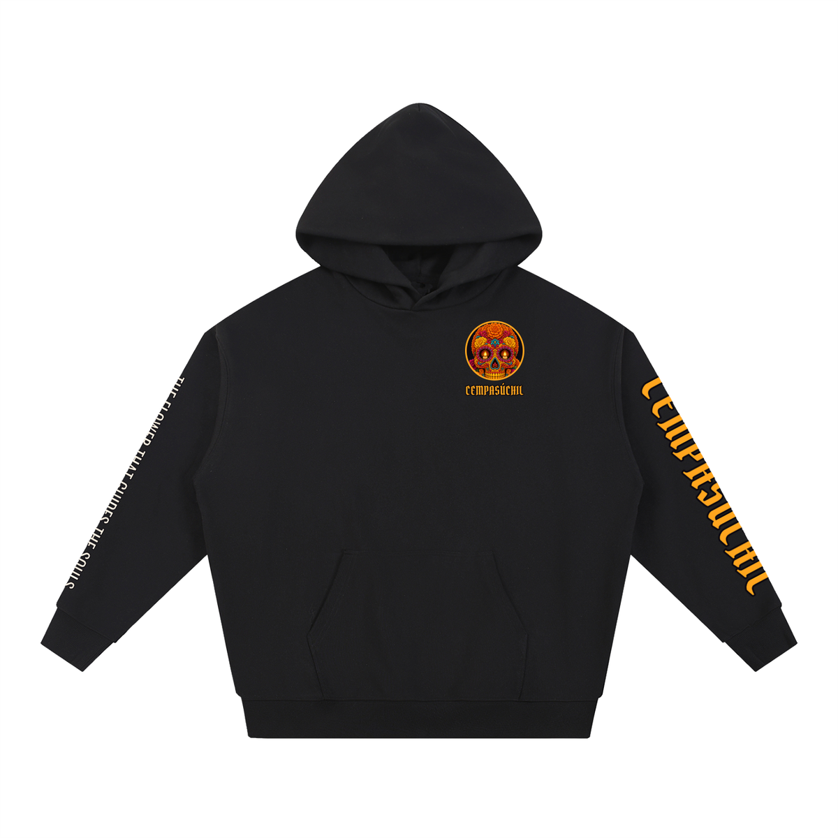 Cempasúchil Hoodie | Marigold Sugar Skull Día de los Muertos Graphic Hoodie, Back & Sleeve Print
