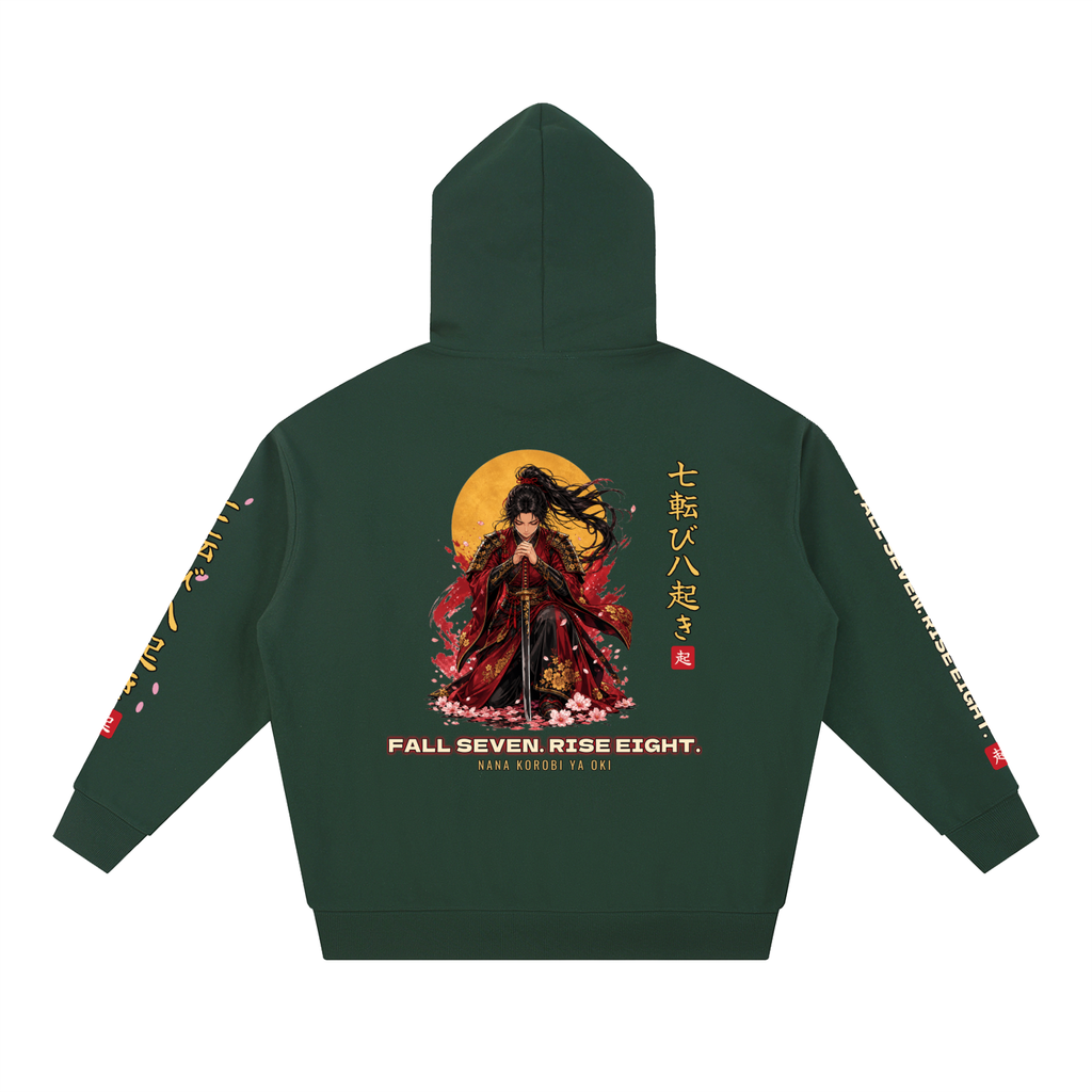 Fall Seven Rise Eight Hoodie | Japanese Proverb Female Samurai Graphic Hoodie, Back & Sleeve Print