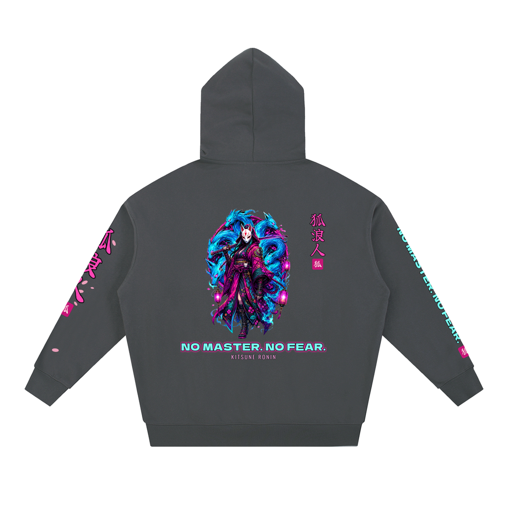 Kitsune Ronin Hoodie | Fox Mask Female Samurai Japanese Graphic Hoodie, Back & Sleeve Print