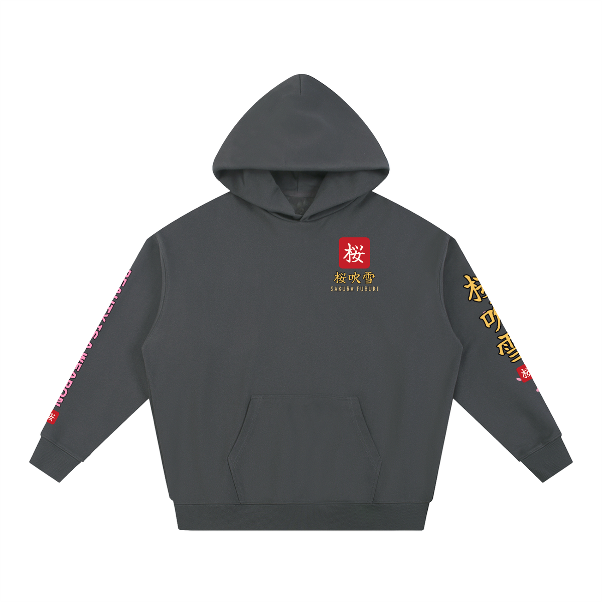 Sakura Storm Hoodie | Cherry Blossom Female Samurai Japanese Graphic Hoodie, Back & Sleeve Print