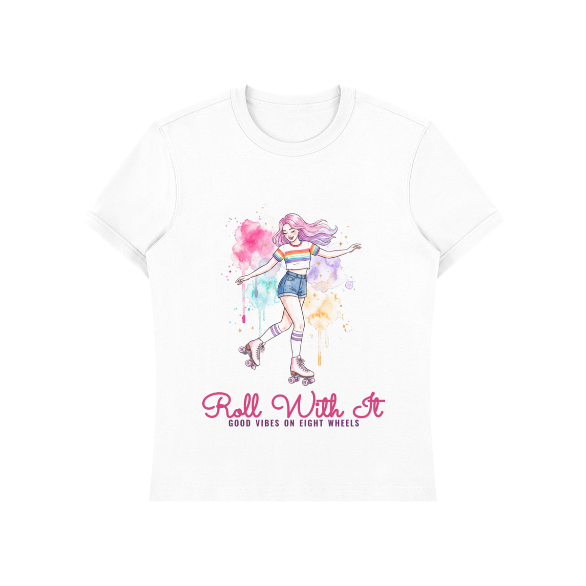 Roll With It Roller Skate Shirt, Watercolor Roller Girl Tee, Retro Skating Gift for Her