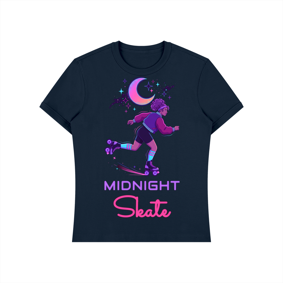 Midnight Skate Shirt, Neon Moon Roller Skate Tee, Retro Synthwave Skating Gift