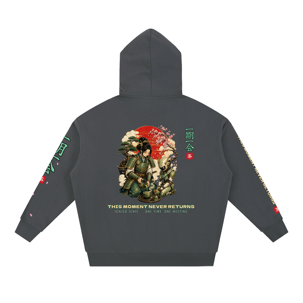 Ichigo Ichie Hoodie | Samurai Tea Ceremony Mecha Japanese Graphic Hoodie, Back & Sleeve Print
