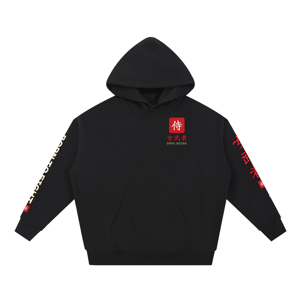 Onna-Musha Hoodie | Female Samurai Japanese Kanji Graphic Hoodie, Back & Sleeve Print