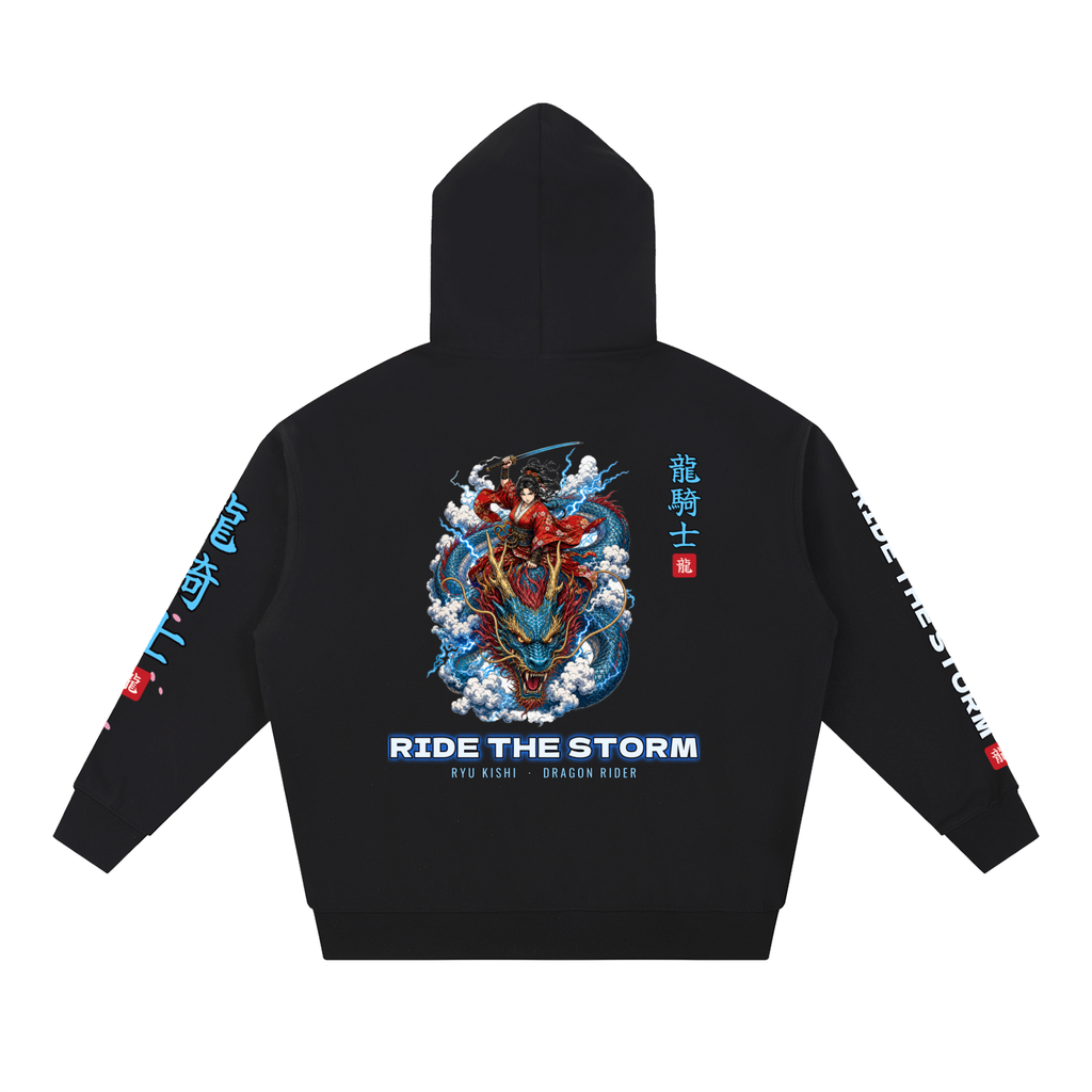 Dragon Rider Hoodie | Female Samurai Japanese Dragon Graphic Hoodie, Back & Sleeve Print