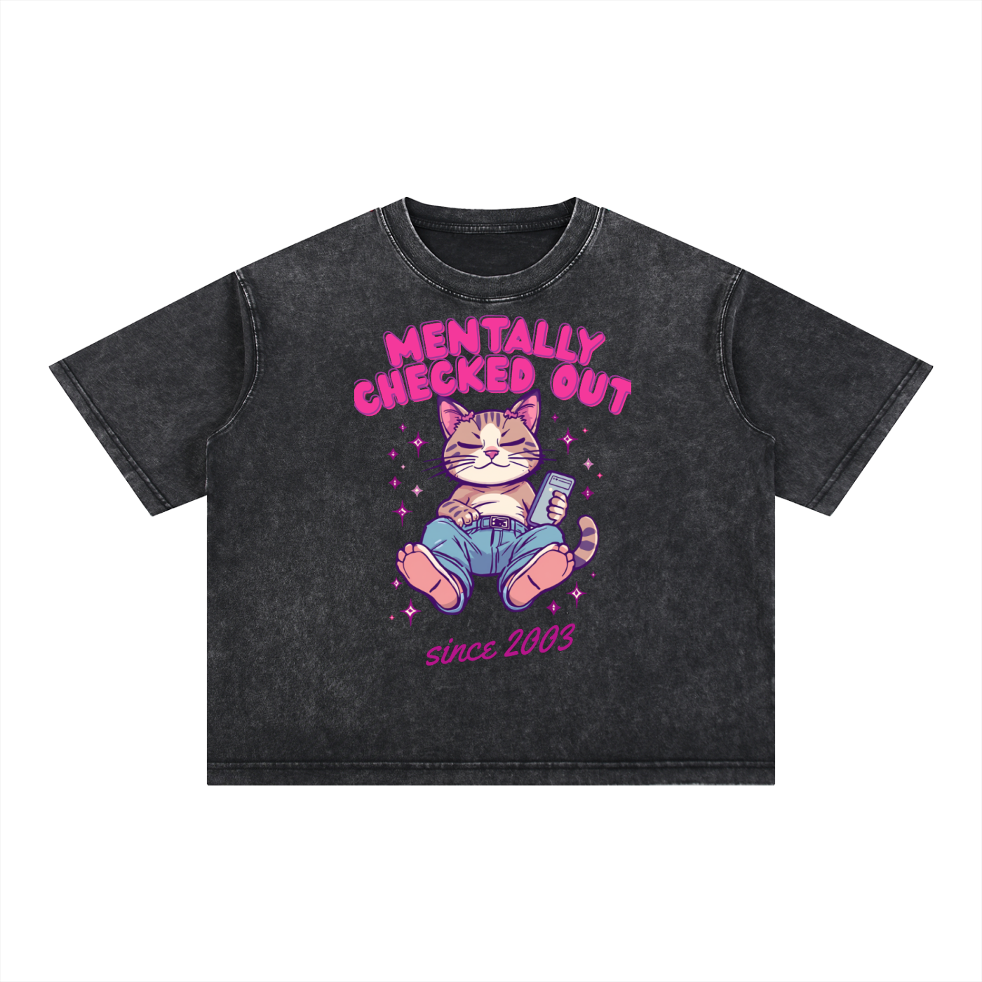 Mentally Checked Out | Funny Cat Boxy Washed T-Shirt