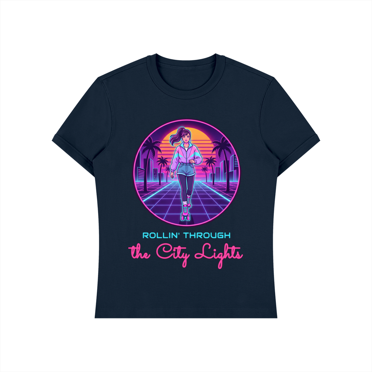 Rollin Through The City Lights Shirt, 80s Synthwave Roller Skate Tee, Retro Skating Gift