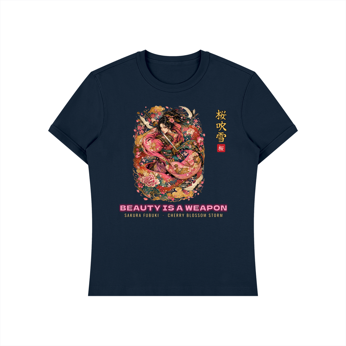 Sakura Storm T-Shirt | Cherry Blossom Female Samurai Japanese Graphic Tee