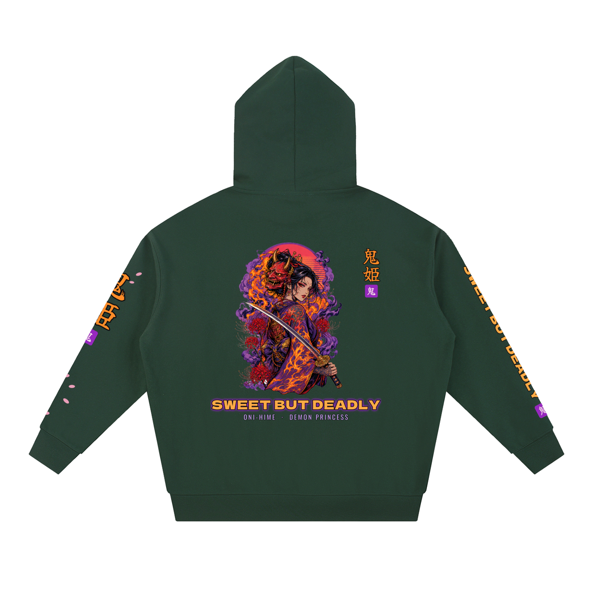 Oni-Hime Hoodie | Demon Princess Female Samurai Japanese Graphic Hoodie, Back & Sleeve Print