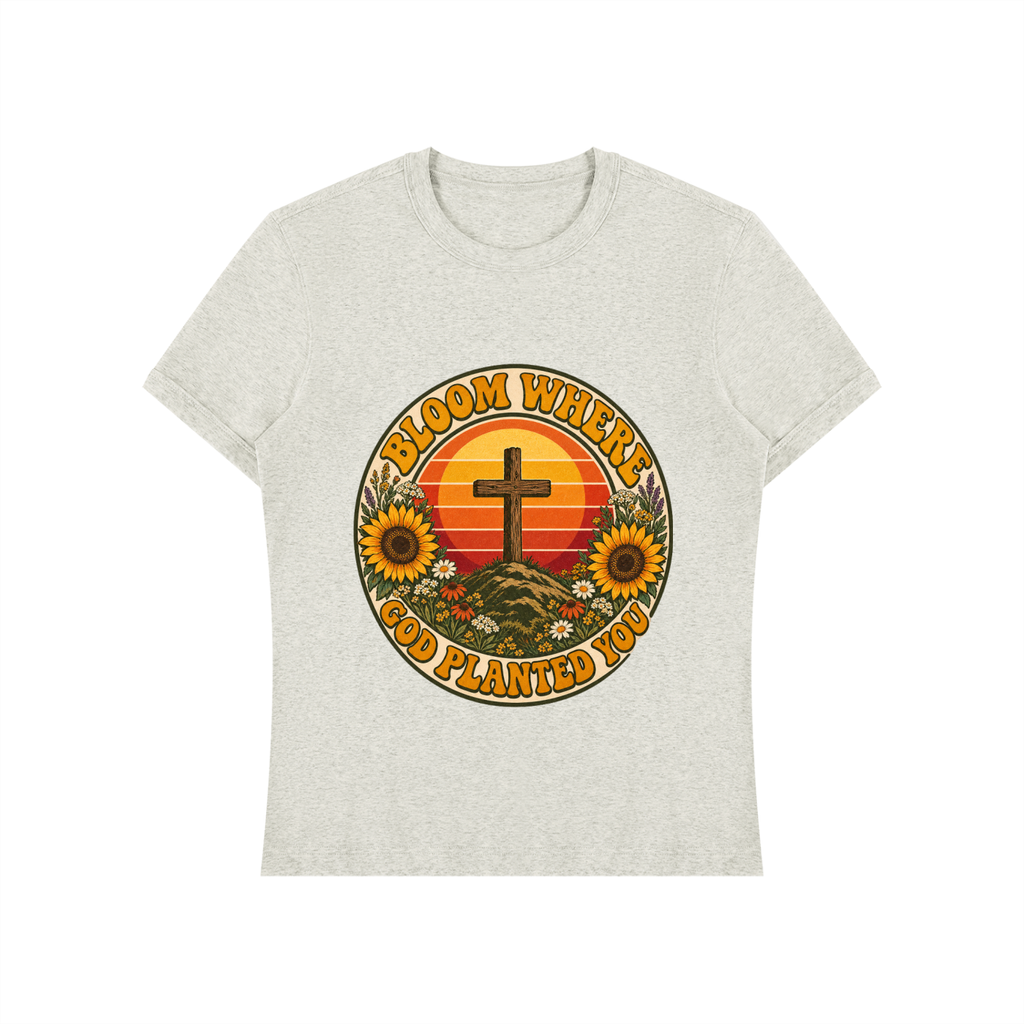 Bloom Where God Planted You Shirt | Retro Sunset Cross Tee, Sunflower Christian Faith Shirt Gift
