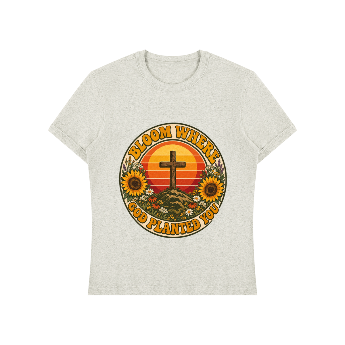 Bloom Where God Planted You Shirt | Retro Sunset Cross Tee, Sunflower Christian Faith Shirt Gift