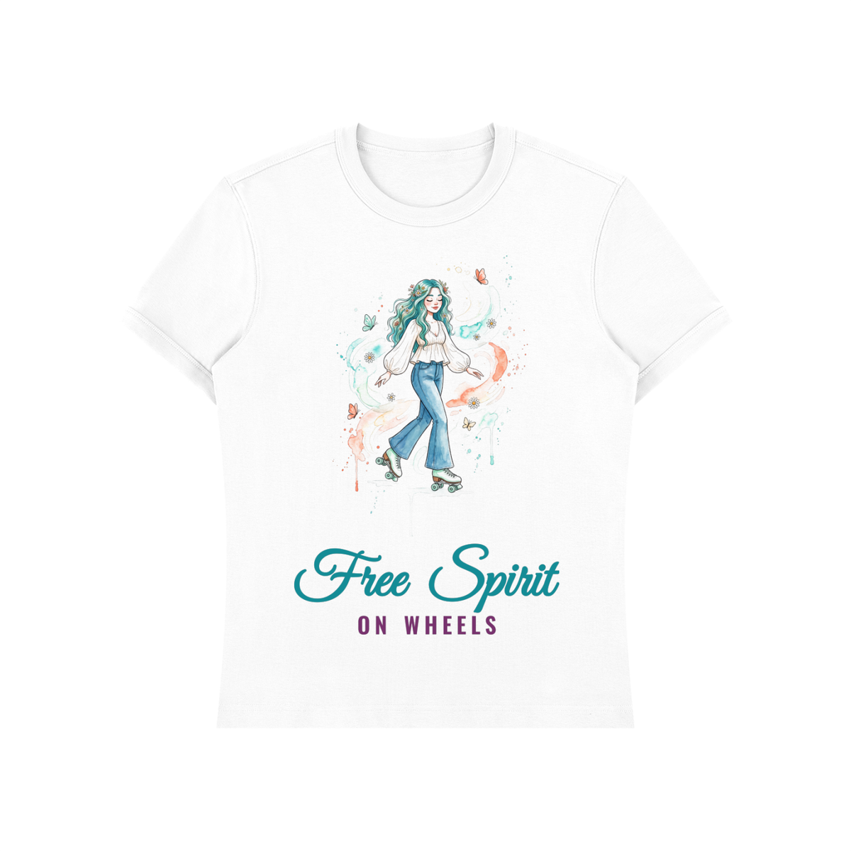Free Spirit On Wheels Shirt, Boho Roller Skate Tee, Watercolor Roller Girl Gift