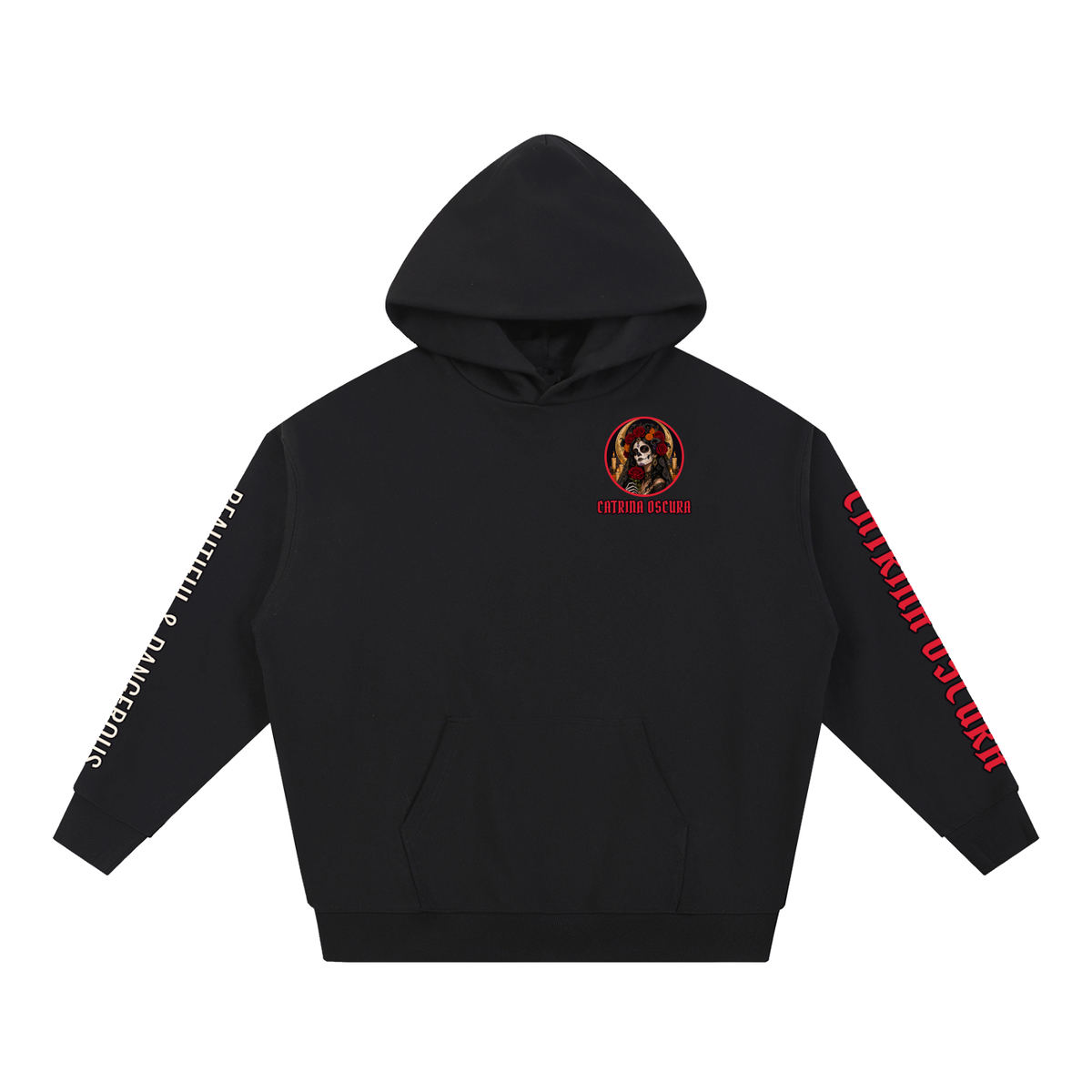 Catrina Oscura Hoodie | Gothic Dark Catrina Día de los Muertos Graphic Hoodie, Back & Sleeve Print
