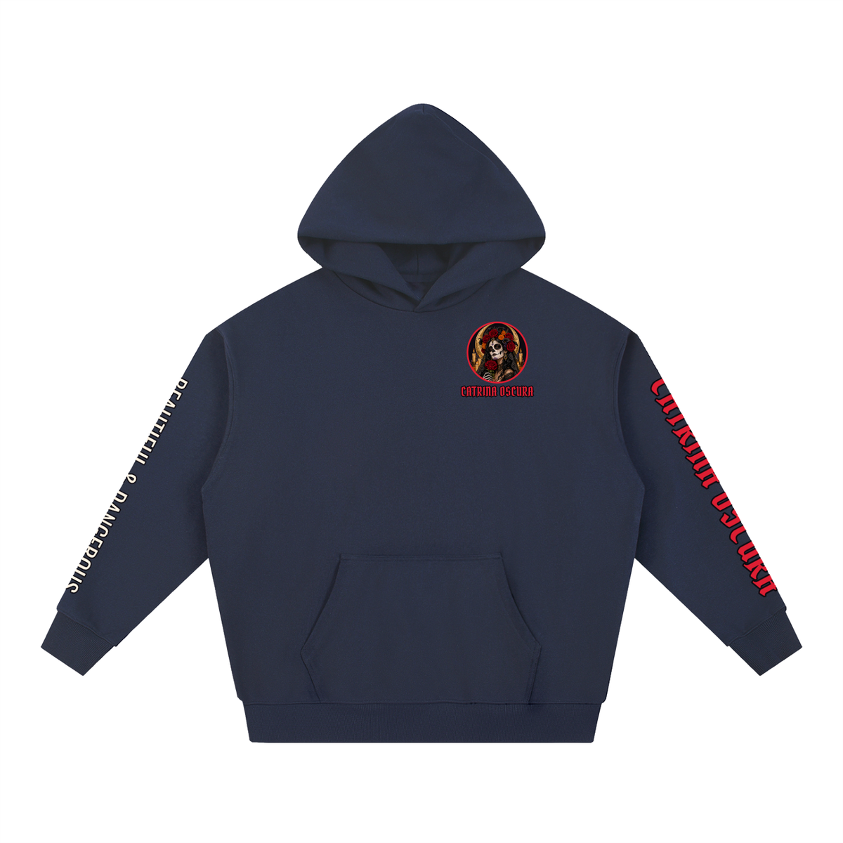Catrina Oscura Hoodie | Gothic Dark Catrina Día de los Muertos Graphic Hoodie, Back & Sleeve Print