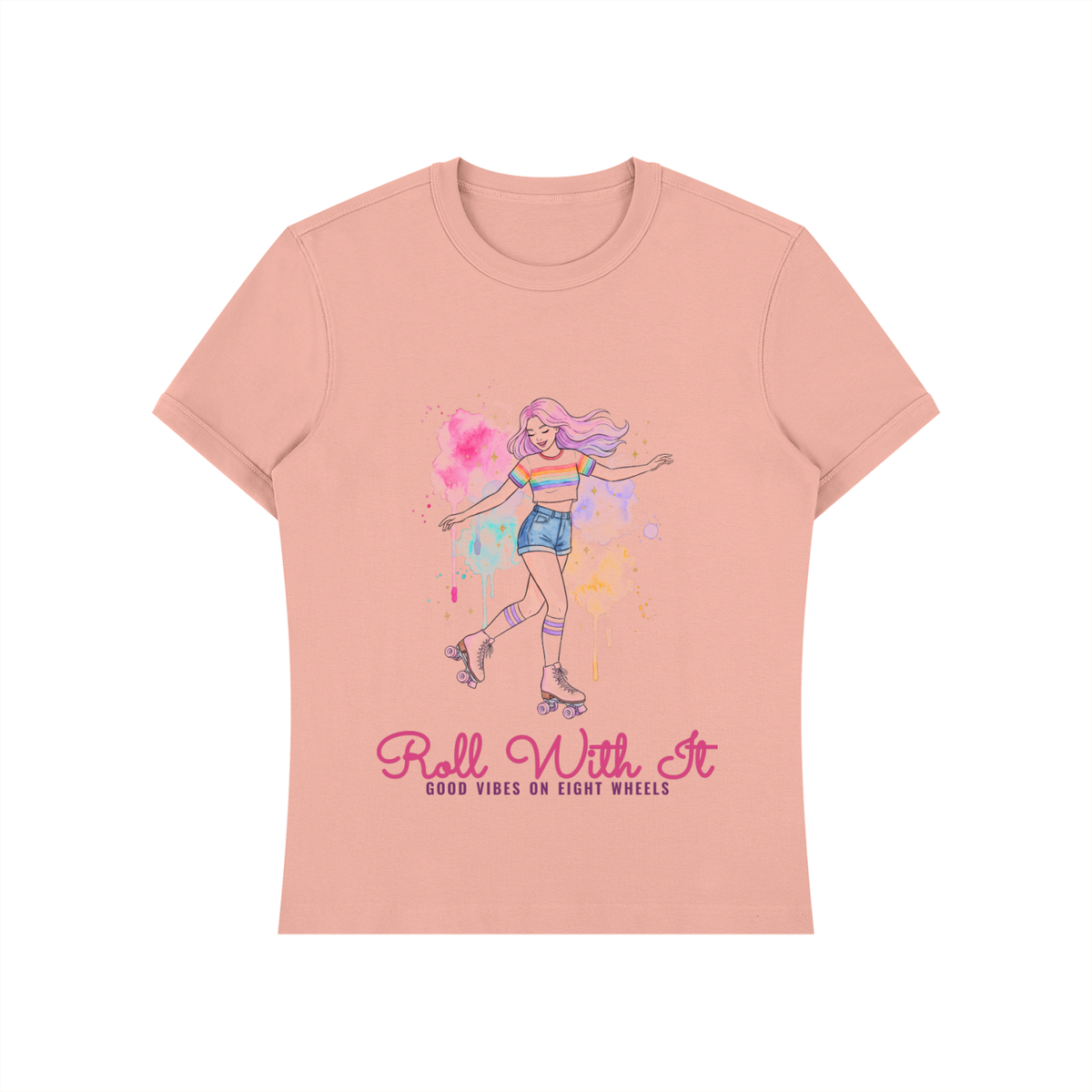 Roll With It Roller Skate Shirt, Watercolor Roller Girl Tee, Retro Skating Gift for Her