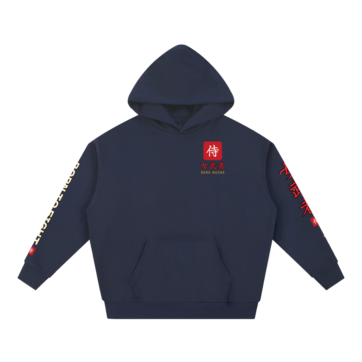 Onna-Musha Hoodie | Female Samurai Japanese Kanji Graphic Hoodie, Back & Sleeve Print