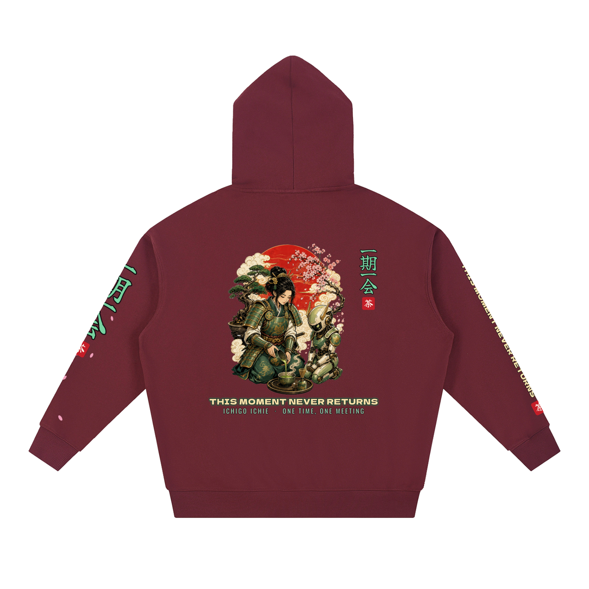 Ichigo Ichie Hoodie | Samurai Tea Ceremony Mecha Japanese Graphic Hoodie, Back & Sleeve Print