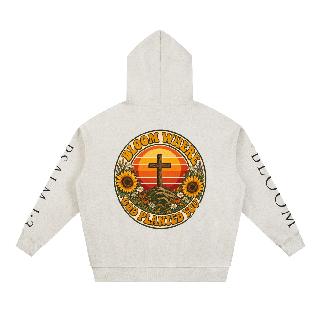 Bloom Where God Planted You Hoodie | Retro Sunset Cross Sweatshirt, Sunflower Christian Faith Hoodie Gift