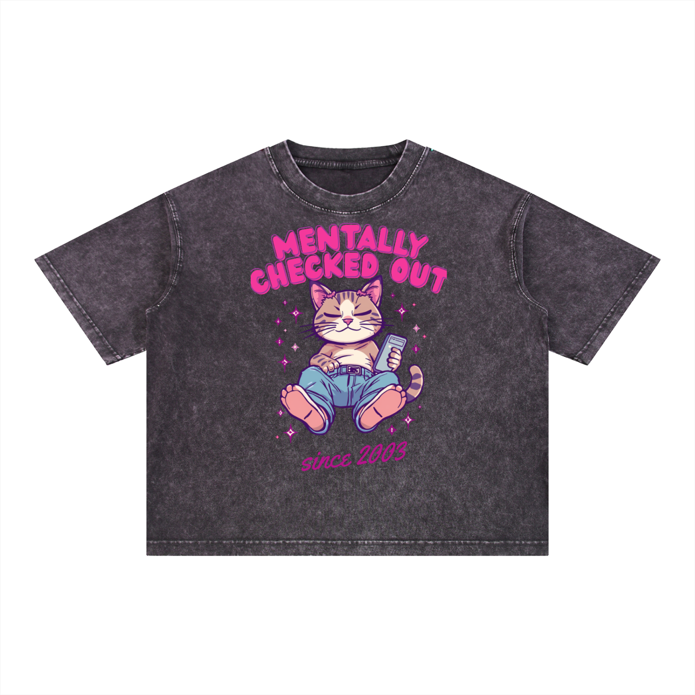 Mentally Checked Out | Funny Cat Boxy Washed T-Shirt