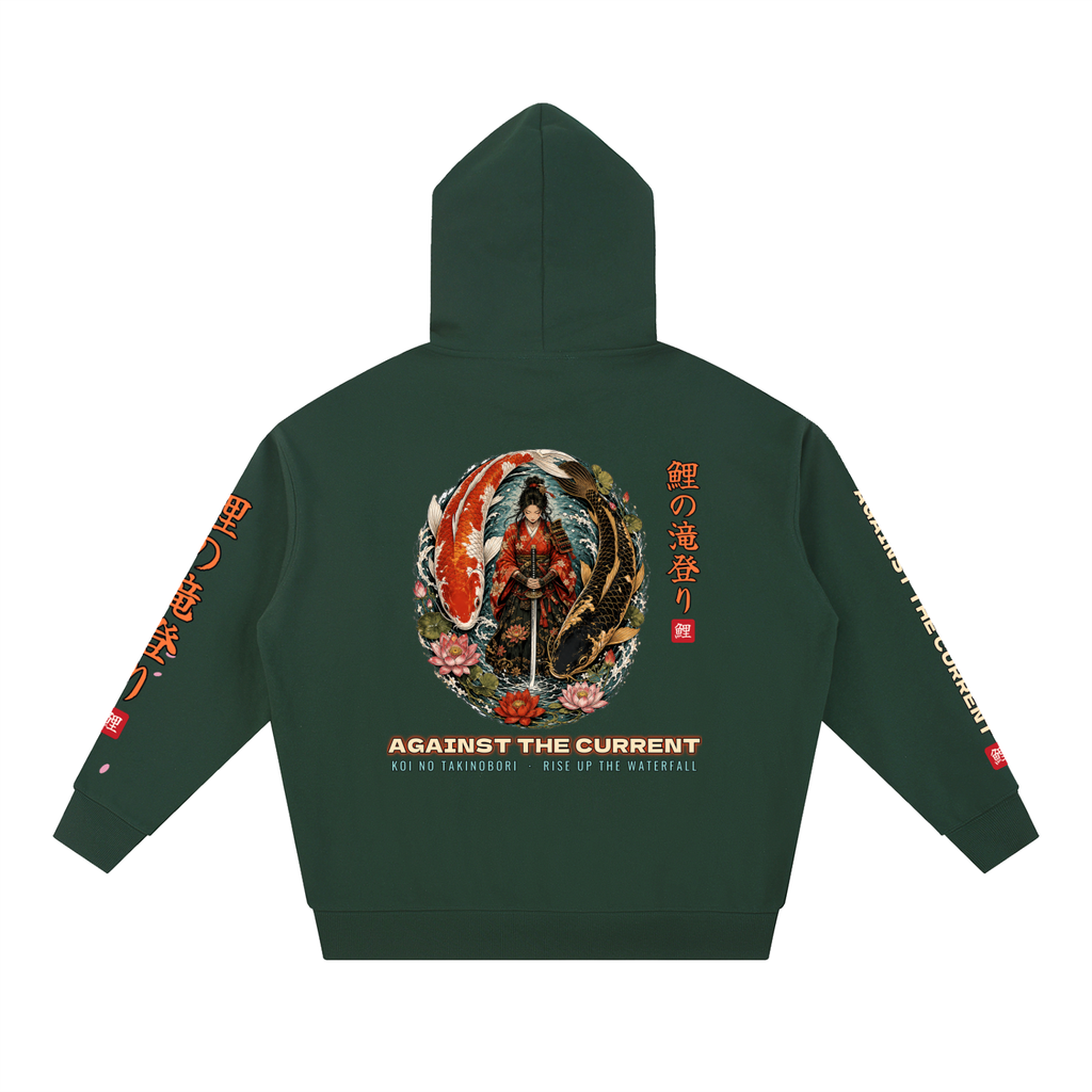 Koi Samurai Hoodie | Against The Current Yin Yang Koi Japanese Graphic Hoodie, Back & Sleeve Print