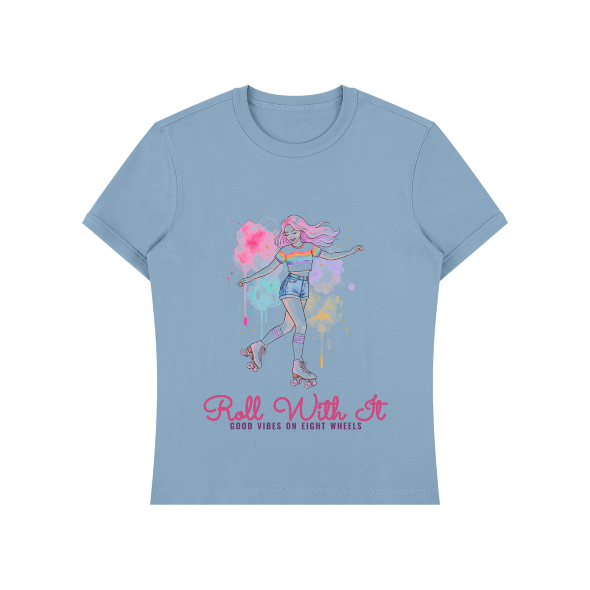 Roll With It Roller Skate Shirt, Watercolor Roller Girl Tee, Retro Skating Gift for Her