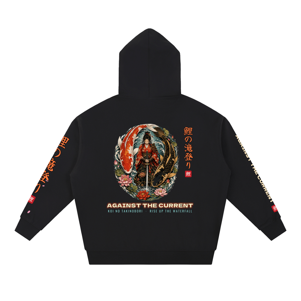 Koi Samurai Hoodie | Against The Current Yin Yang Koi Japanese Graphic Hoodie, Back & Sleeve Print