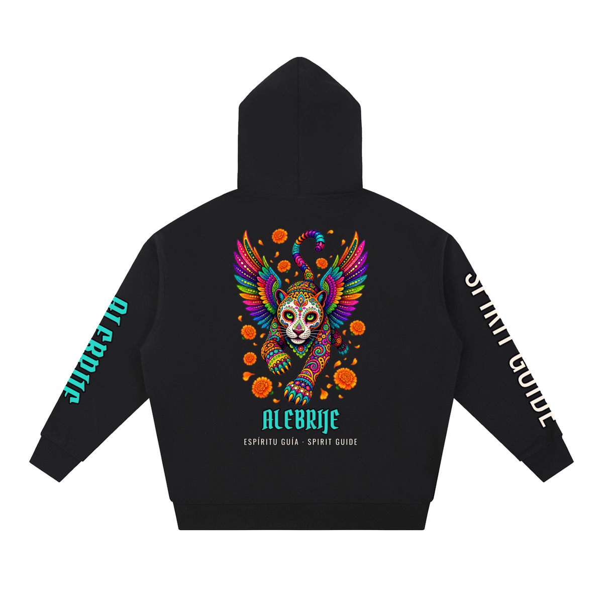 Alebrije Hoodie | Winged Jaguar Spirit Guide Día de los Muertos Graphic Hoodie, Back & Sleeve Print