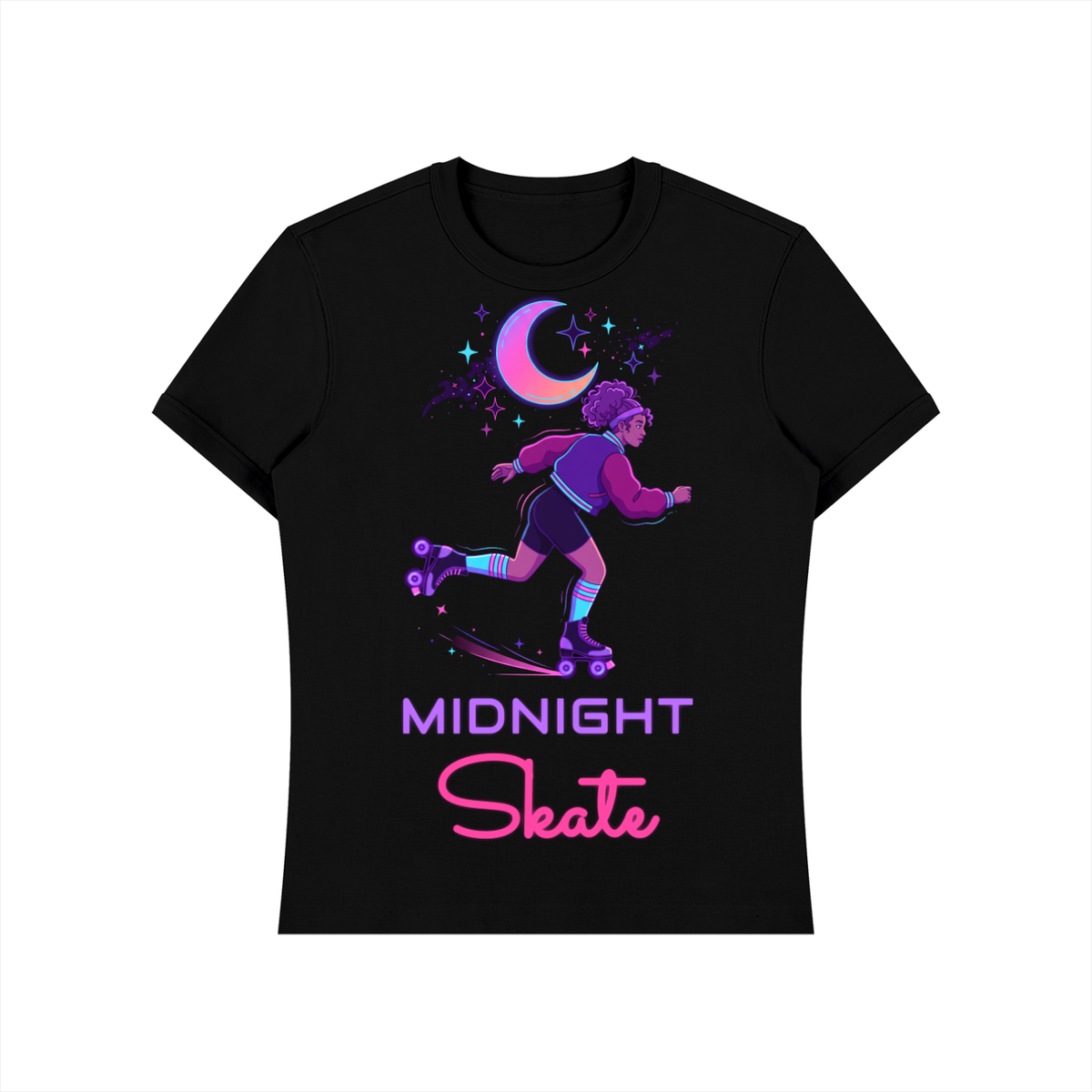 Midnight Skate Shirt, Neon Moon Roller Skate Tee, Retro Synthwave Skating Gift
