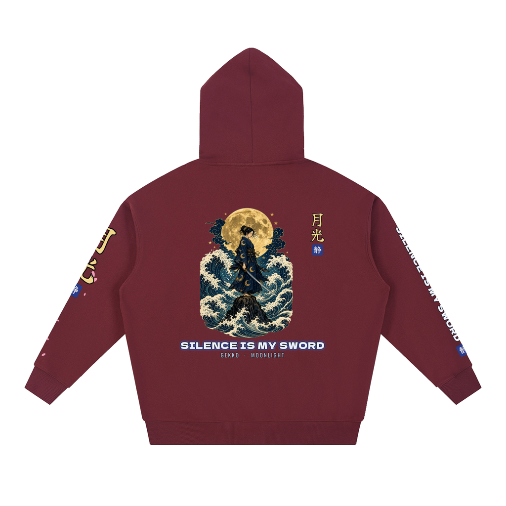 Moonlight Samurai Hoodie | Silence Is My Sword Japanese Wave Graphic Hoodie, Back & Sleeve Print