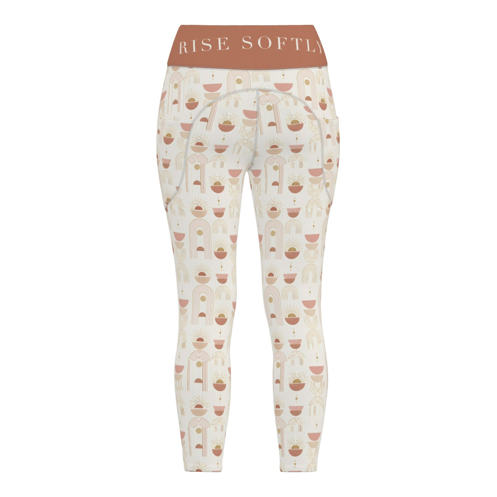 Sunrise Arches leggings, back view with RISE SOFTLY on the waistband