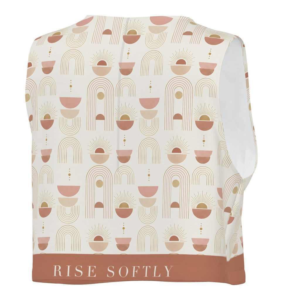 Sunrise Arches crop tank, back view with RISE SOFTLY on the hem band