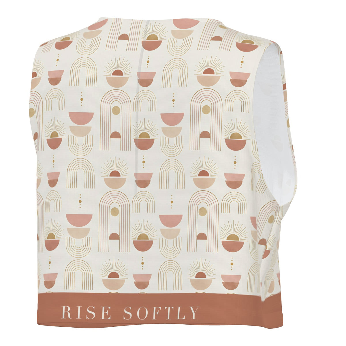 Sunrise Arches crop tank, back view with RISE SOFTLY on the hem band