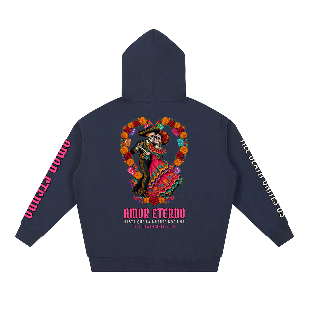 Amor Eterno Hoodie | Skeleton Couple Dancing Día de los Muertos Graphic Hoodie, Back & Sleeve Print