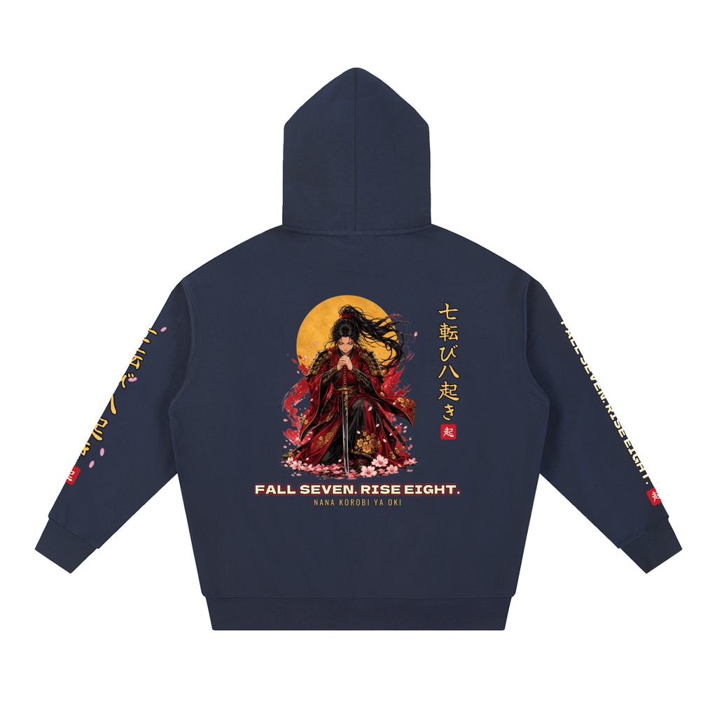 Fall Seven Rise Eight Hoodie | Japanese Proverb Female Samurai Graphic Hoodie, Back & Sleeve Print