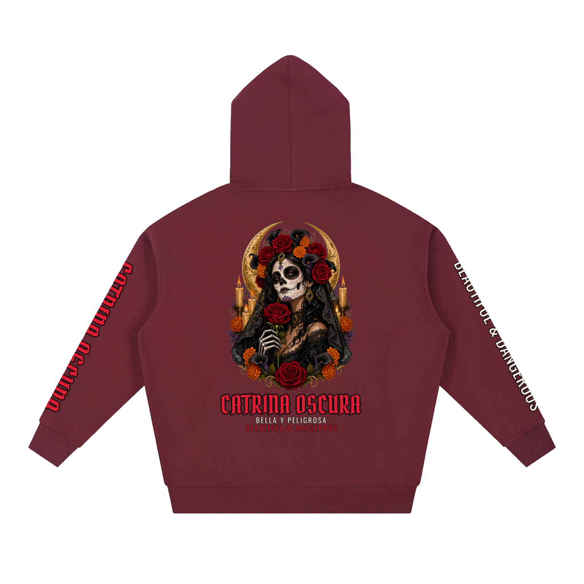 Catrina Oscura Hoodie | Gothic Dark Catrina Día de los Muertos Graphic Hoodie, Back & Sleeve Print