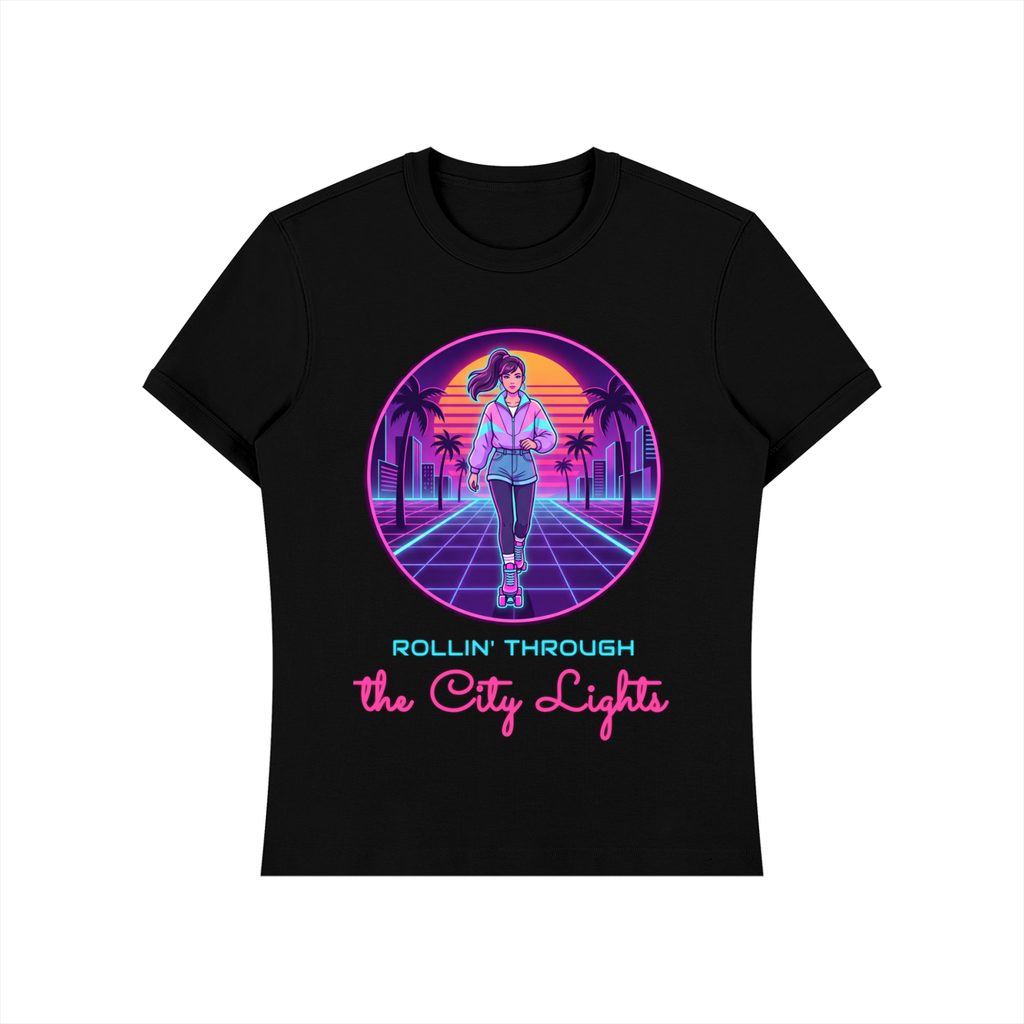 Rollin Through The City Lights Shirt, 80s Synthwave Roller Skate Tee, Retro Skating Gift