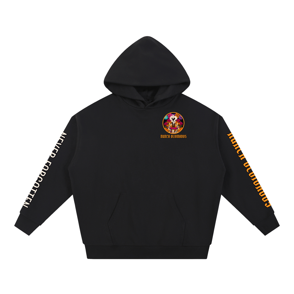 Nunca Olvidados Hoodie | Ofrenda Altar Día de los Muertos Graphic Hoodie, Back & Sleeve Print