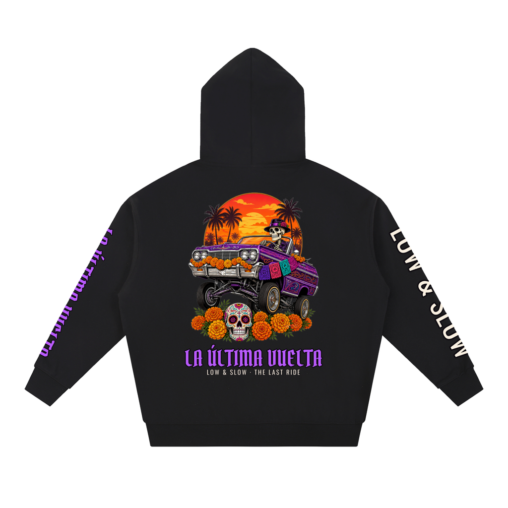 La Última Vuelta Hoodie | Lowrider Calaca Día de los Muertos Graphic Hoodie, Back & Sleeve Print
